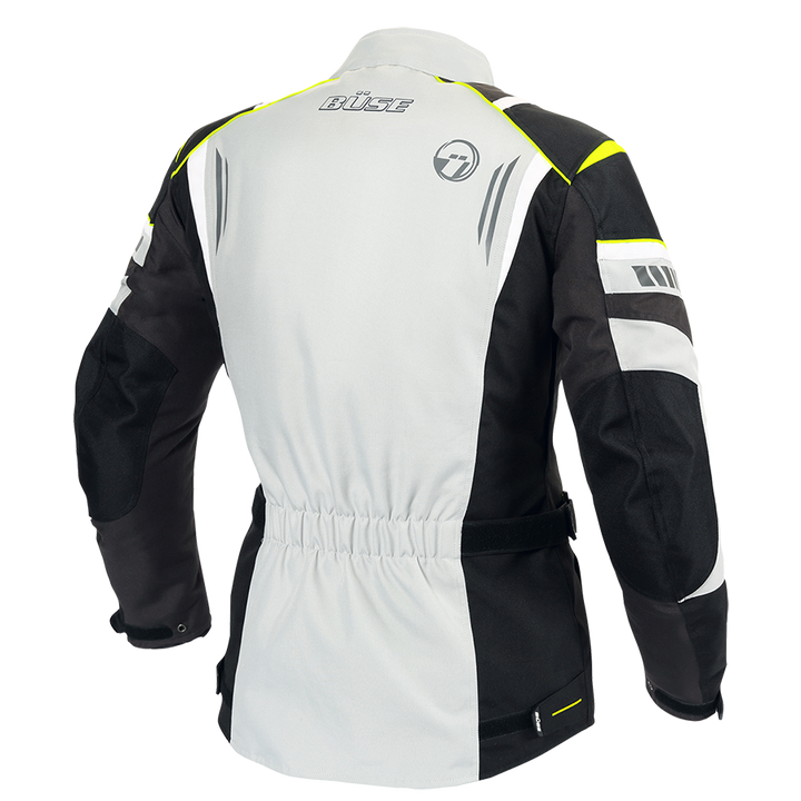 BÜSE Dam Textil Mc-Jacka Breno Pro Grå bakifrån med elastisk midja, grå och svarta paneler samt gula accenter för synlighet.