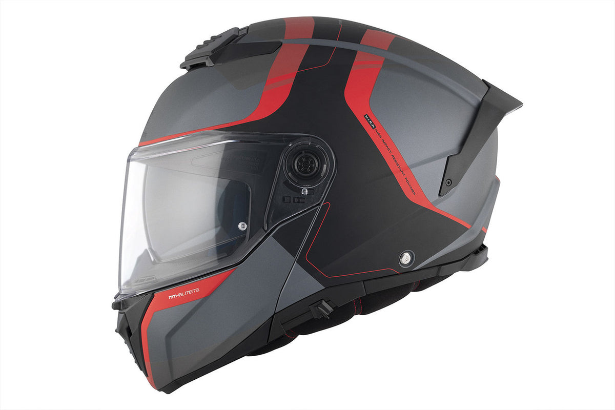 MT Helmets öppningsbar mc-hjälm Atom 2 SV Emalla B15 i grå och röd design, visir stängt, sidovy.