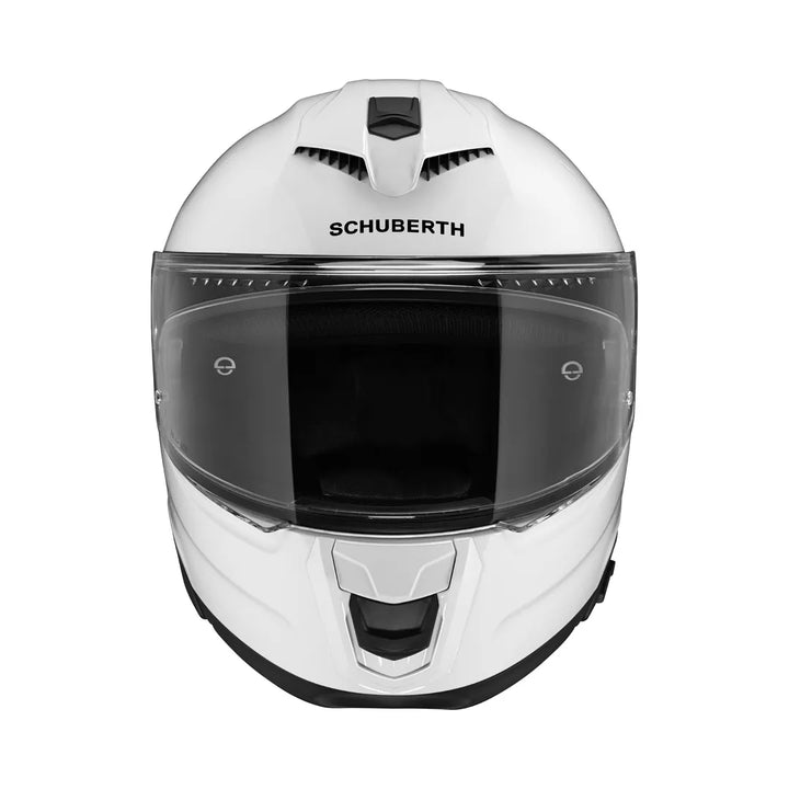 Frontal vy av Schuberth Integral Mc-Hjälm S3 Vit med klart visir och robust konstruktion för maximal säkerhet.