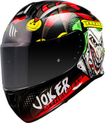 MT Helmets Integral Mc-Hjälm Targo Joker Svart med färgglad Joker-design, svart visir och säkerhetscertifiering. Finns i flera storlekar.