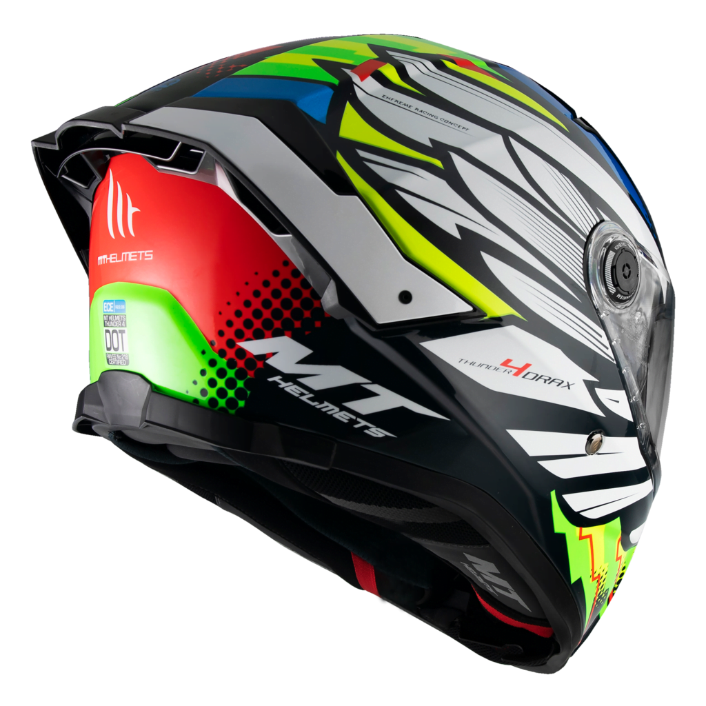 MT Helmets Integral Mc-Hjälm Thunder 4 SV Drax Blå bakifrån med detaljerad grafik, DOT-certifiering och aerodynamisk design.