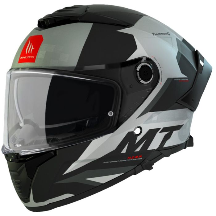 MT Helmets integral MC-hjälm Thunder 4 SV Exo C2 med modern design i svart och grått, ECE 22.06 säkerhetscertifiering och visir med UV-skydd.