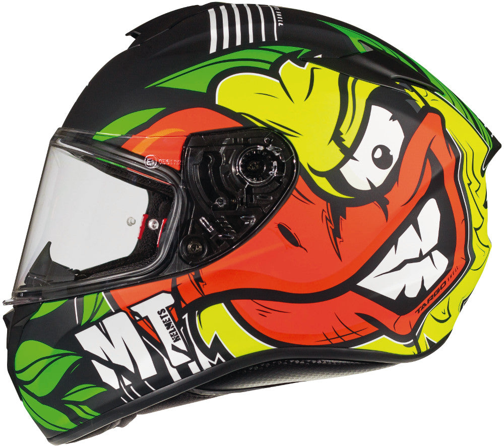 Sidovy av MT Helmets Integral Mc-Hjälm Targo Truck Matt med färgglad grafik och aerodynamisk design för motorcykelförare.